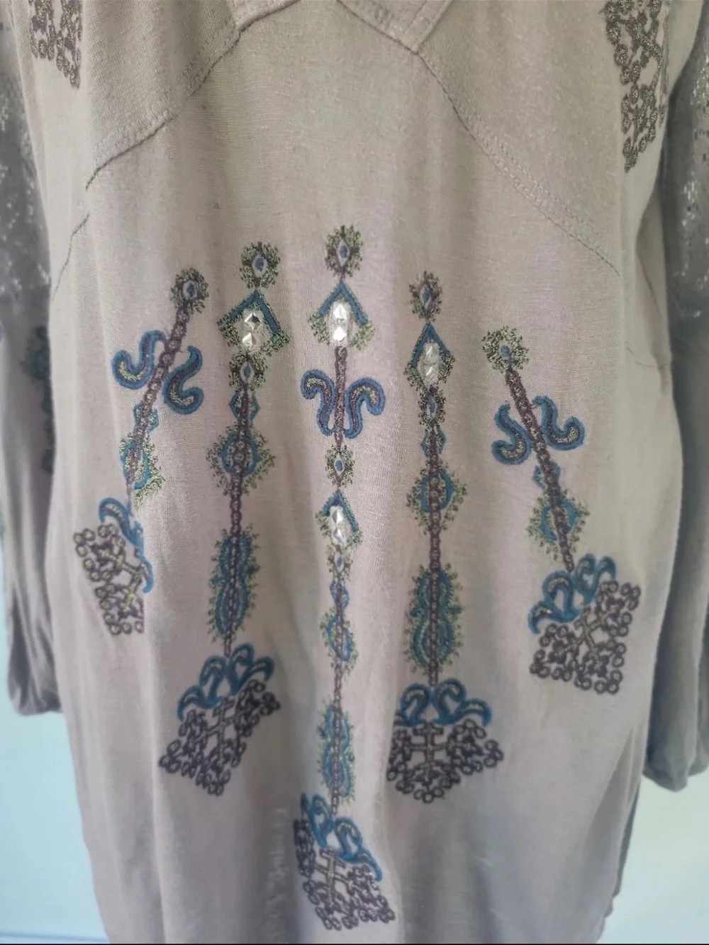 Free People Embroidered Taupe Long Sleeve Tunic L